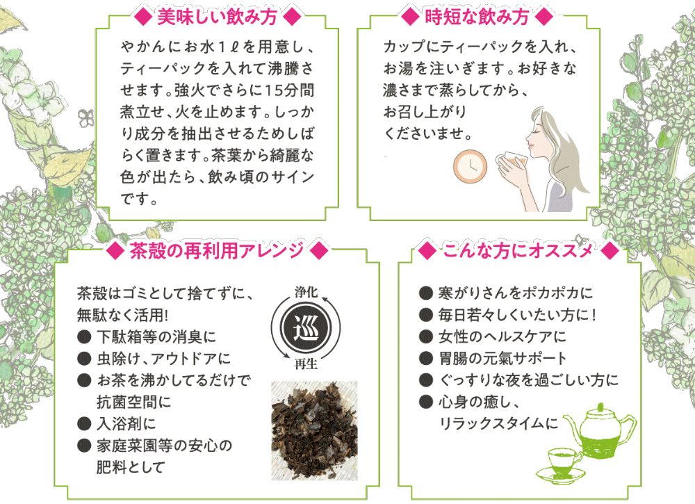【美味しい飲み方】やかんにお水1&を用意し、ティーパックを入れて沸騰させます。強火でさらに15分間煮立せ、火を止めます。しっかり成分を抽出させるためしばらく置きます。茶葉から綺麗な色が出たら、飲み頃のサインです。【時短な飲み方】カップにティーパックを入れ、お湯を注いぎます。お好きな濃さまで蒸らしてから、お召し上がりくださいませ。【茶殻の再利用アレンジ】茶殻はゴミとして捨てずに、 無駄なく活用！・下駄箱等の消臭に・虫除け、アウトドアに・お茶を沸かしてるだけで抗菌空間に・入浴剤に・家庭菜園等の安心の肥料として【こんな方にオススメ】・寒がりさんをポカポカに・毎日若々しくいたい方に！・女性のヘルスケアに・胃腸の元氣サポート・ぐっすりな夜を過ごしい方に・心身の癒し、リラックスタイムに