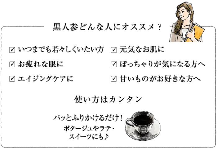 黒人参どんな人にオススメ？・いつまでも若々しくいたい方・元気なお肌に・お疲れな眼に・ぽっちゃりが気になる方へ・エイジングケアに・甘いものがお好きな方へ【使い方はカンタン】パッとふりかけるだけ！ボタージュやラテ、スイーツにも！